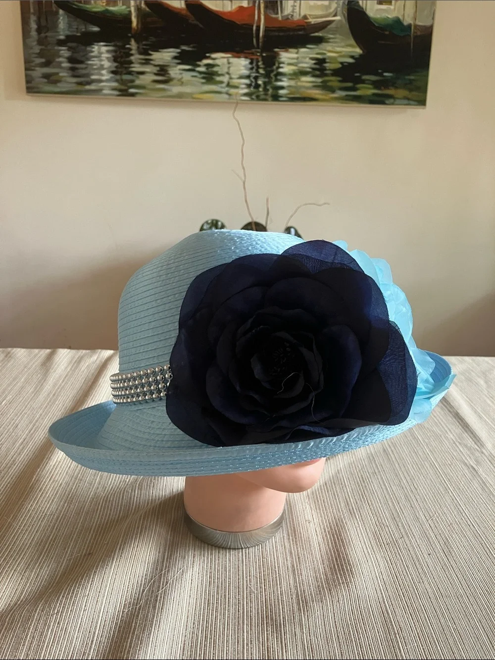 Light Blue Satin Ribbon Hat with Navy and Light Blue Floral and Beaded Band